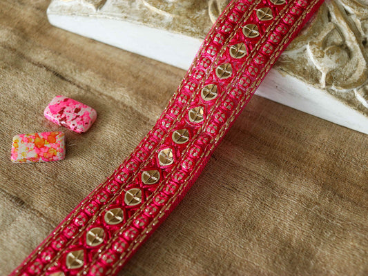 Pink Gold Net Embroidered Trim,Pink Gold Sequin Border,Bright Pink Embroidery Lace,Indian Fabric Pink Gold Saree Border,Price/mtr