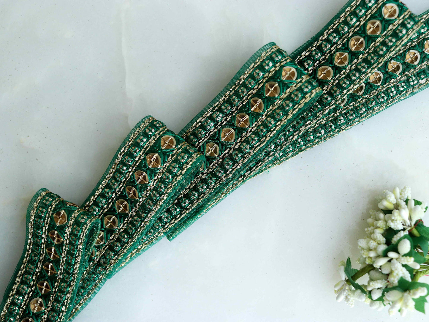 Green Gold Net Embroidered Trim, Green Gold Sequin Border, Green Gold Embroidery Lace, Indian Fabric Green Gold Saree Border, Price/mtr