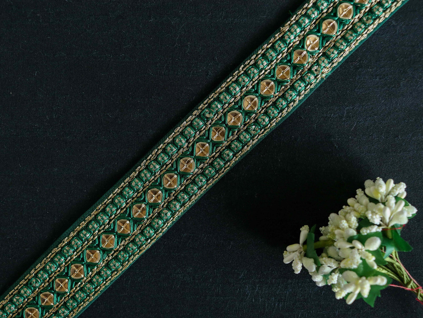 Green Gold Net Embroidered Trim, Green Gold Sequin Border, Green Gold Embroidery Lace, Indian Fabric Green Gold Saree Border, Price/mtr