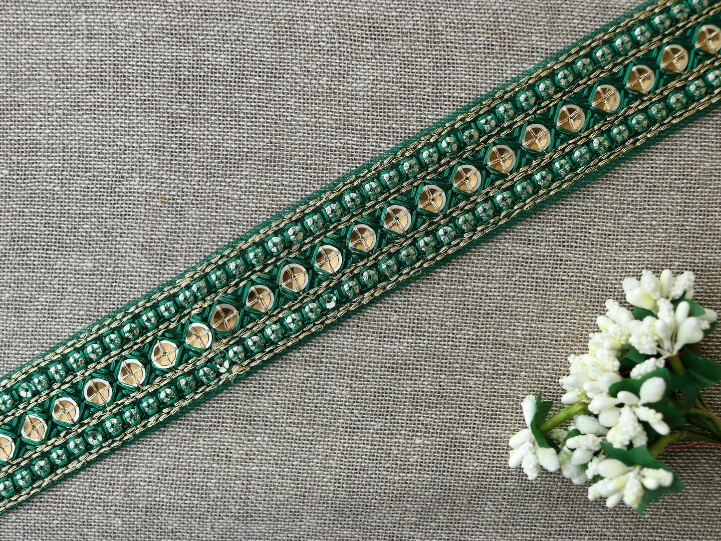 Green Gold Net Embroidered Trim, Green Gold Sequin Border, Green Gold Embroidery Lace, Indian Fabric Green Gold Saree Border, Price/mtr