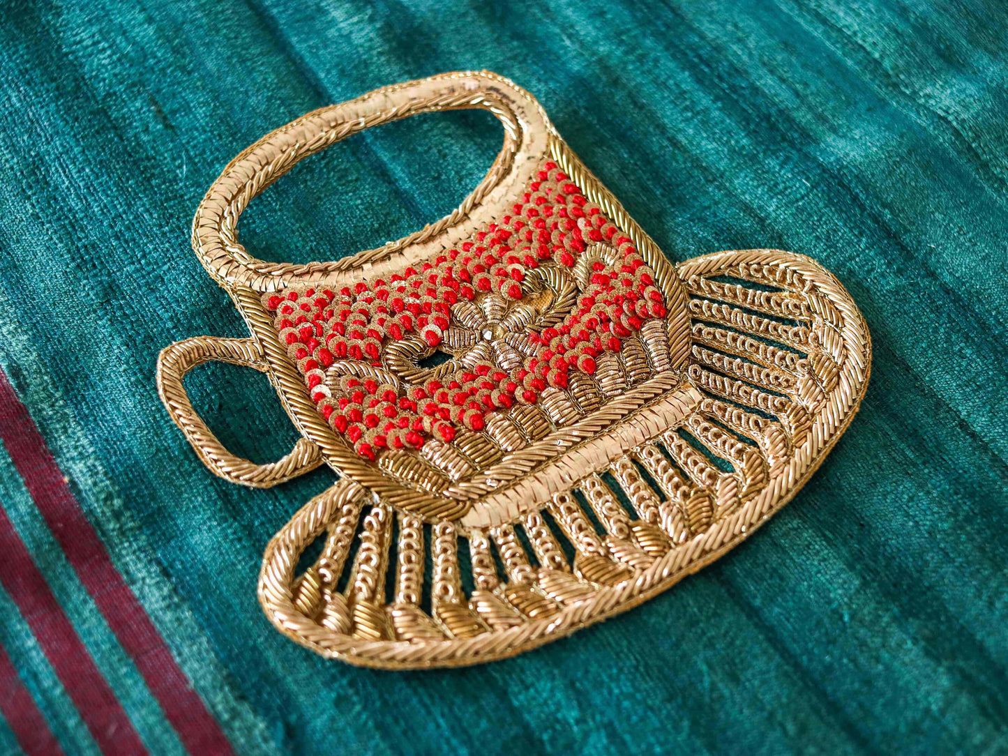 Quirky Teacup Handmade Embroidered Patch, Gold Red Cutwork Cup Saucer applique, Boho Kitschy Vessel Kitchen Patch, Playful applique