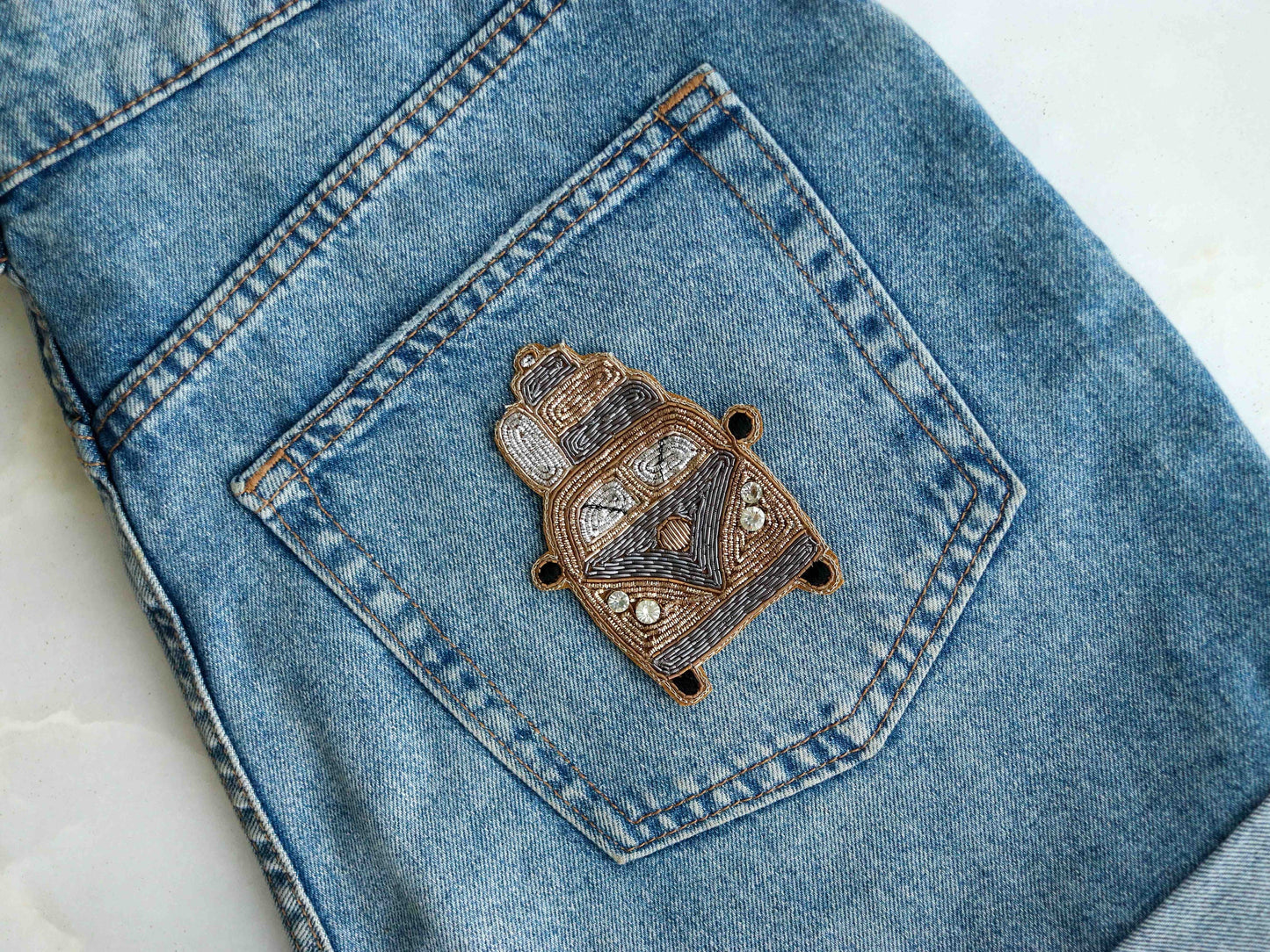 Vintage Van Quirky embroidered patch,Handmade Golden Car Vehicle applique,Boho patch,Holiday Travel Costume Denim Sew on DIY Patch