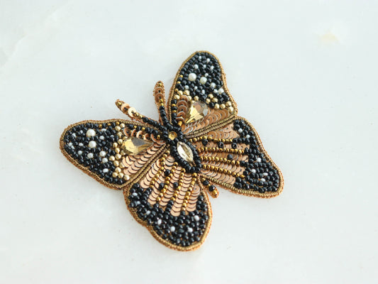 Black Gold Butterfly Embroidered Patch,Handmade Gold Beaded Insect Applique,Boho Quirky Insect Patch,DIY Patch