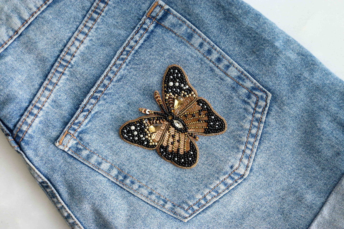 Black Gold Butterfly Embroidered Patch,Handmade Gold Beaded Insect Applique,Boho Quirky Insect Patch,DIY Patch