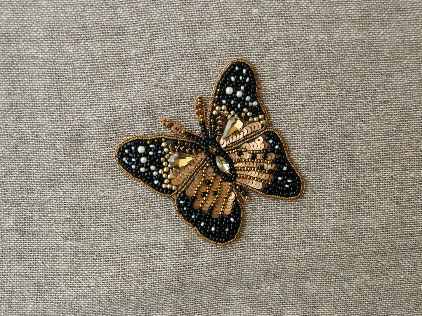 Black Gold Butterfly Embroidered Patch,Handmade Gold Beaded Insect Applique,Boho Quirky Insect Patch,DIY Patch