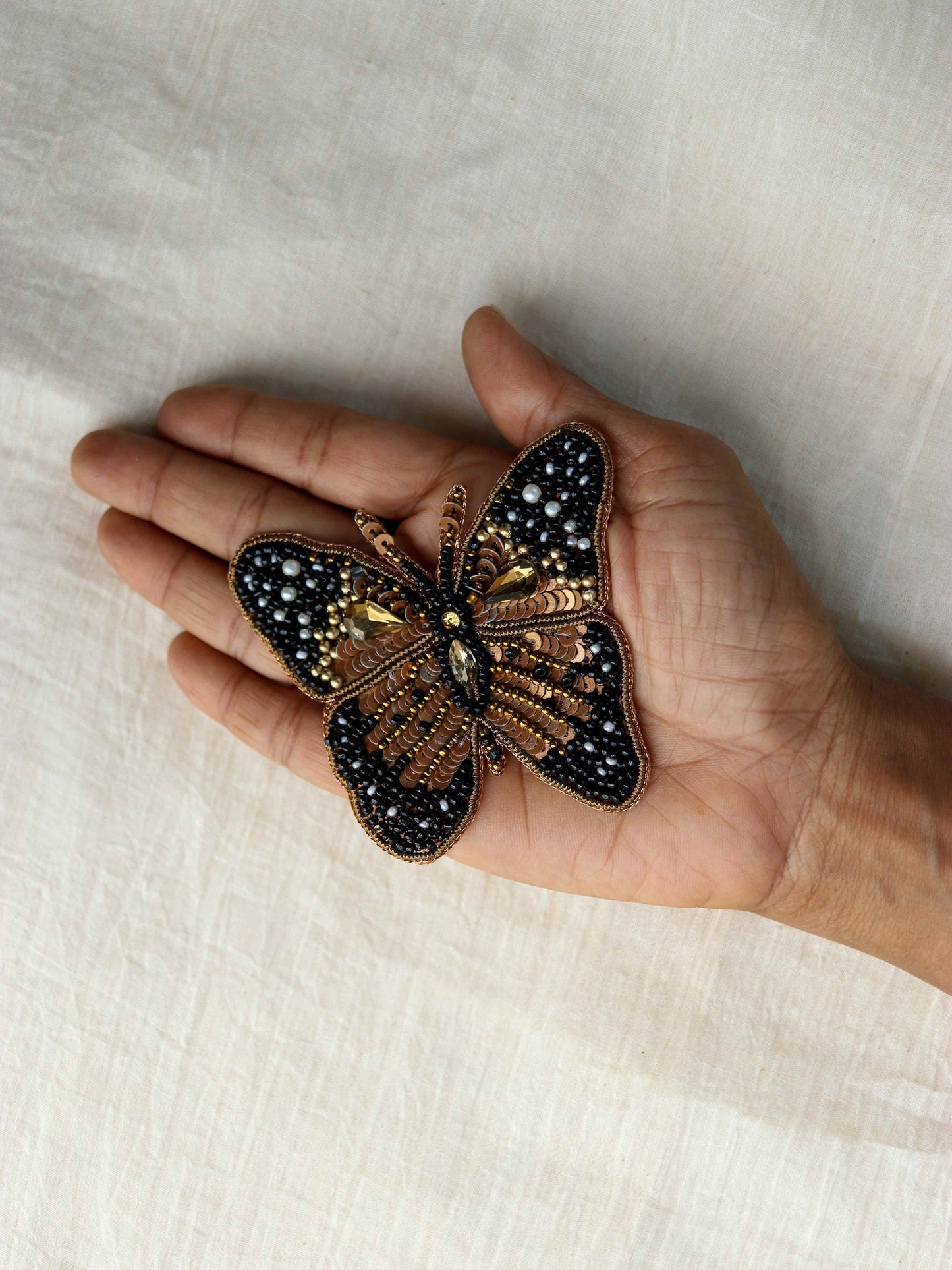 Black Gold Butterfly Embroidered Patch,Handmade Gold Beaded Insect Applique,Boho Quirky Insect Patch,DIY Patch