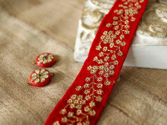 Red Gold Floral Velvet Trim,Indian Floral Embroidered Border,Red Gold Floral Lace,Velvet Saree Border,Price/mtr