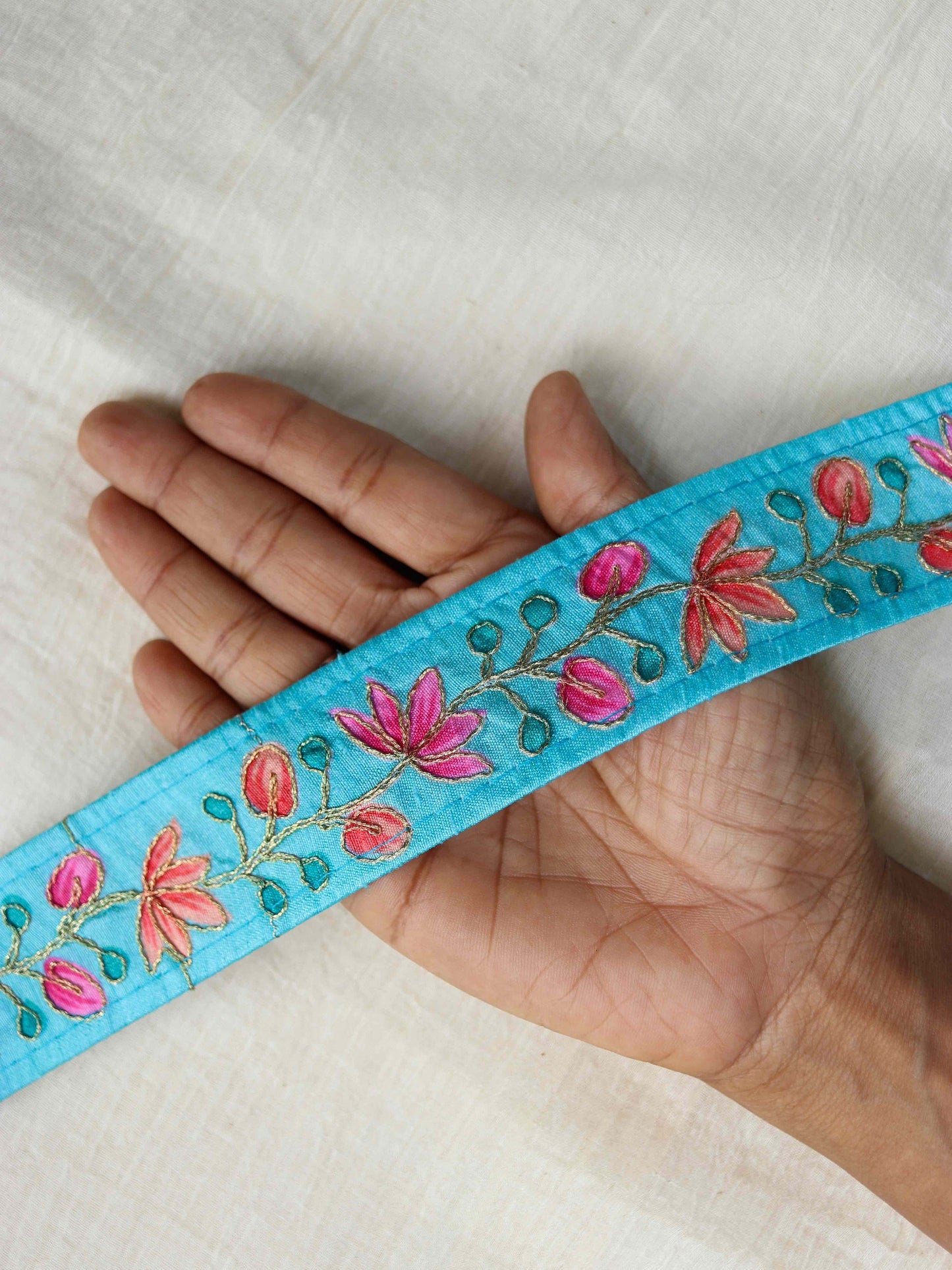 Blue Floral Digital Print Trim,Blue Pink Printed Border,Boho Floral Digital Print Lace,Floral Saree Border,Price/mtr