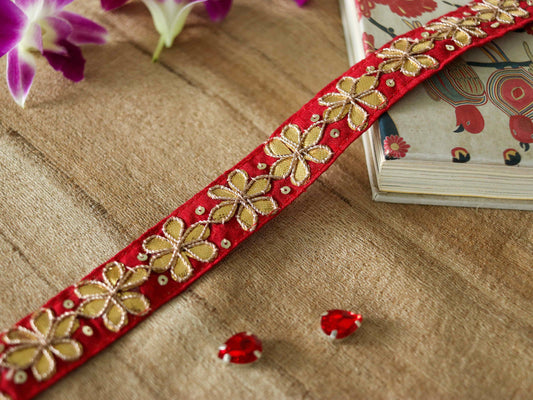 Red Gold Floral Embroidered Trim,Gold Gota Floral Border,Gota Floral Lace,Bridal Saree Border,Indian Fabric Trim,Price/mtr