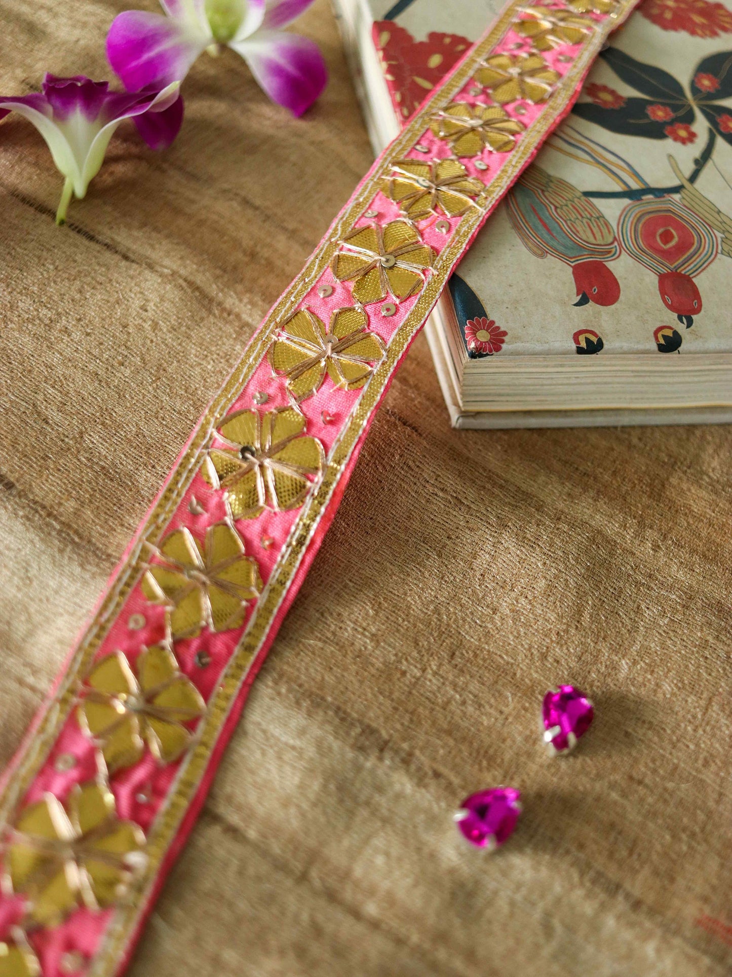 Pink Gold Floral Embroidered Trim,Gold Gota Floral Border,Gota Floral Lace,Bridal Saree Border,Indian Fabric Trim,Price/mtr
