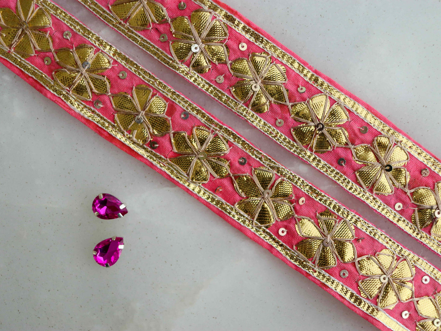 Pink Gold Floral Embroidered Trim,Gold Gota Floral Border,Gota Floral Lace,Bridal Saree Border,Indian Fabric Trim,Price/mtr