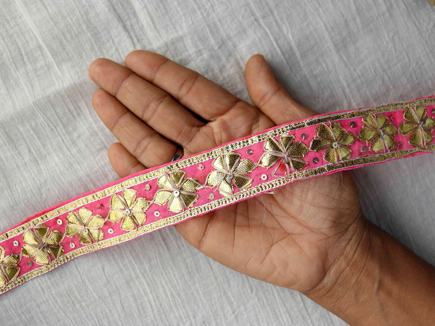 Pink Gold Floral Embroidered Trim,Gold Gota Floral Border,Gota Floral Lace,Bridal Saree Border,Indian Fabric Trim,Price/mtr