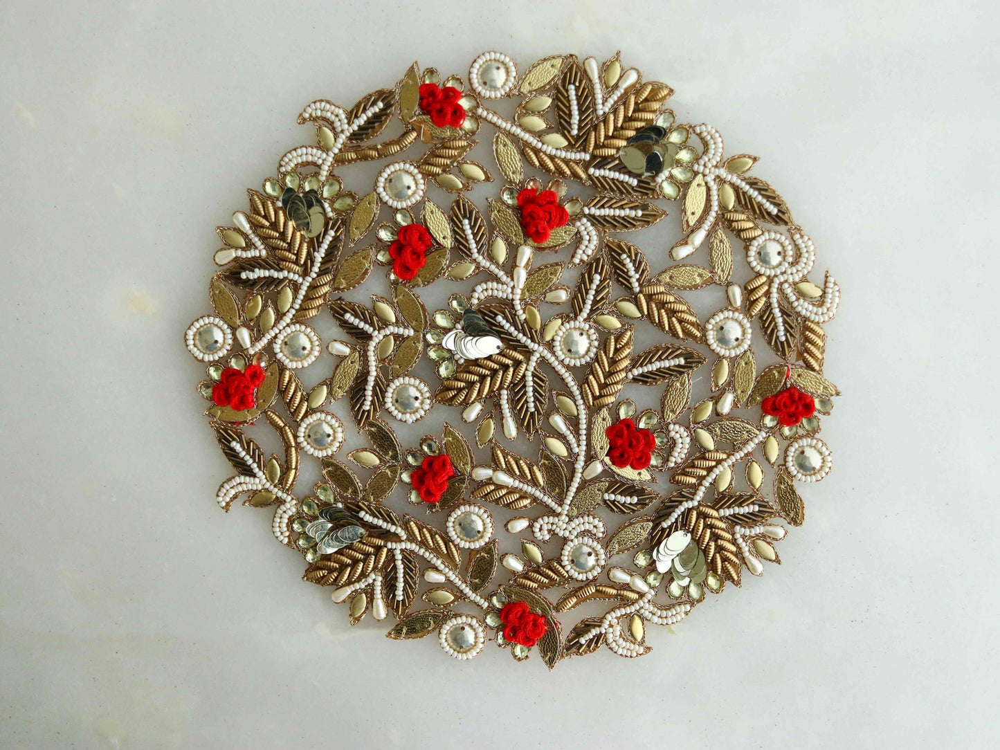 Red Gold Floral Embroidered patch,Handmade cutwork Red White Gold floral applique, Large Red Gold Sequin Applique, DIY Patch