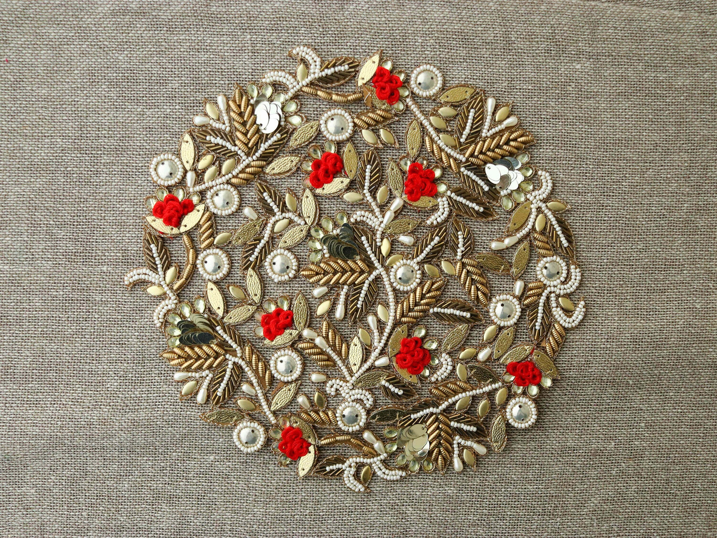 Red Gold Floral Embroidered patch,Handmade cutwork Red White Gold floral applique, Large Red Gold Sequin Applique, DIY Patch