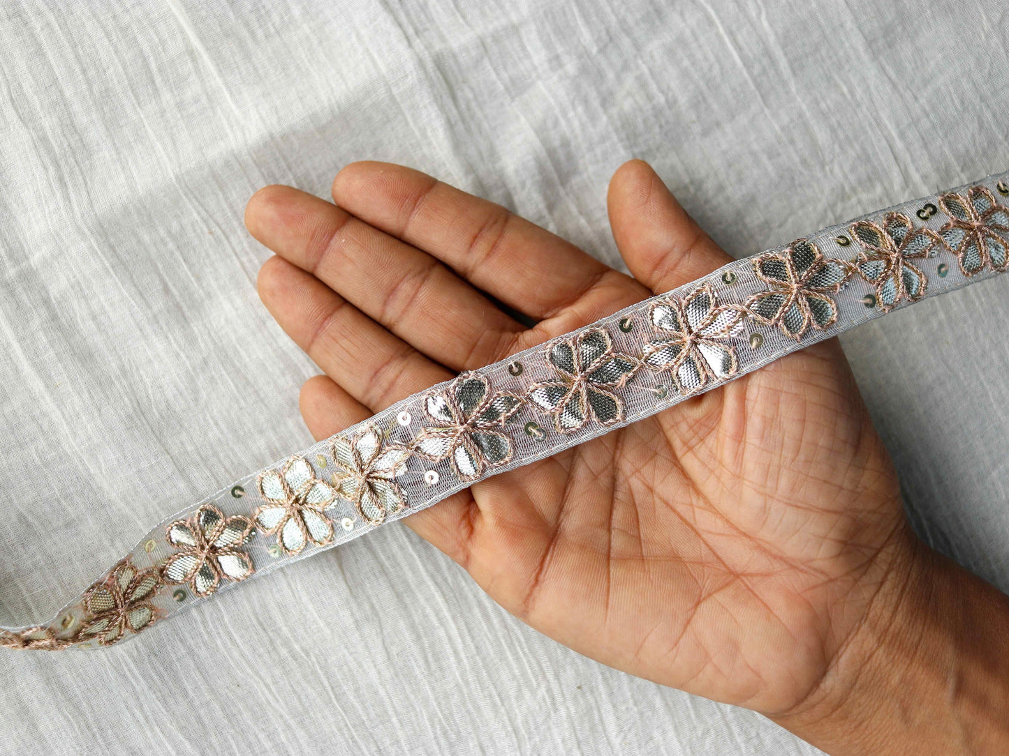 Grey Gold Floral Embroidered Trim,Gold Gota Floral Border,Gota Floral Lace,Bridal Saree Border,Indian Fabric Trim,Price/mtr