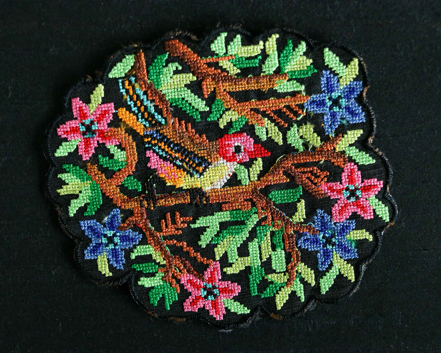 Black Multicolour Parrot embroidered patch,Cross stitch Parrot applique, Colourful fabric bird patch,Quirky Boho DIY Bird Patch