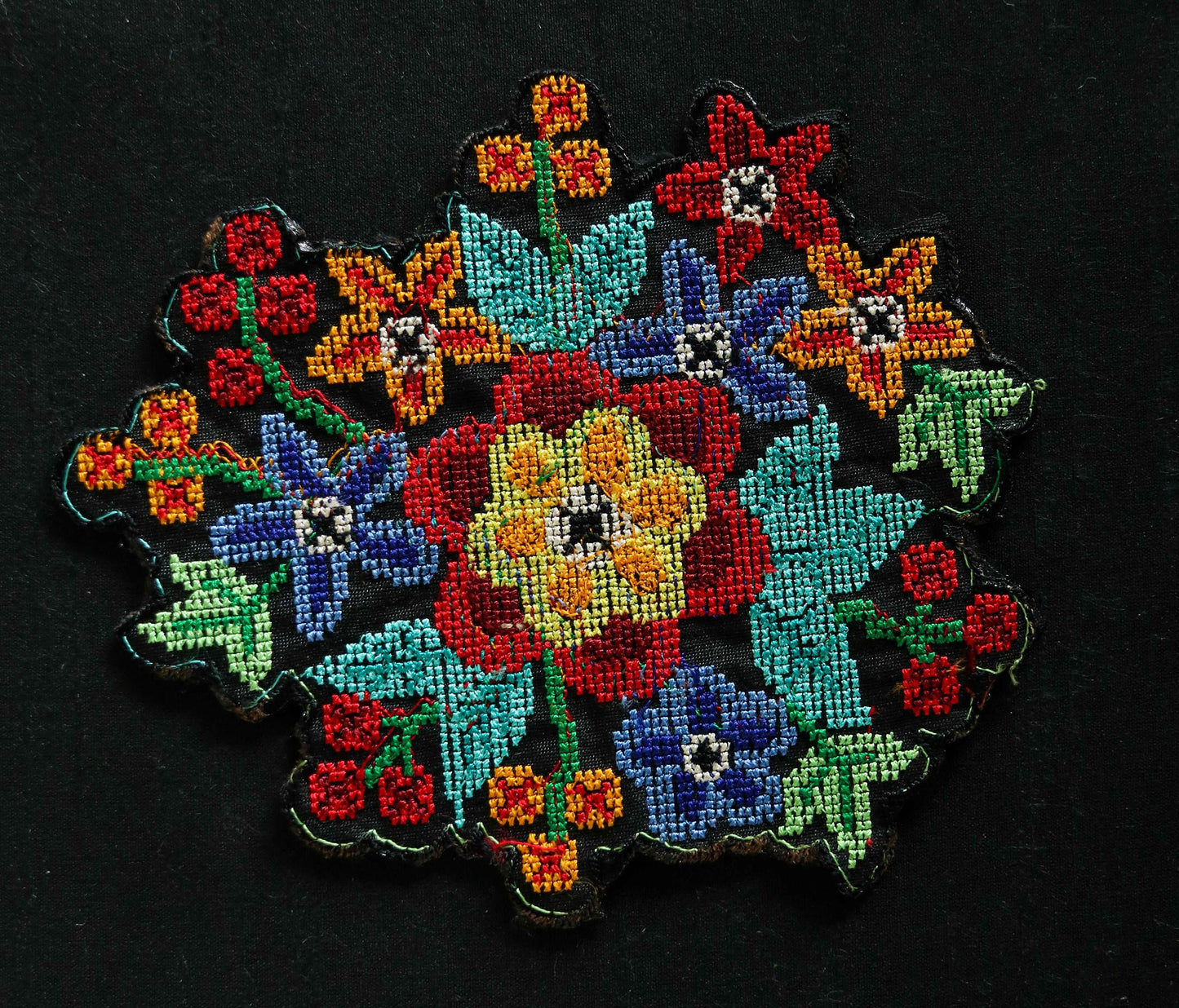 Black Multicolour Floral embroidered patch,Cross stitch Floral bouquet applique, Colourful fabric patch,Quirky Boho DIY Floral Patch