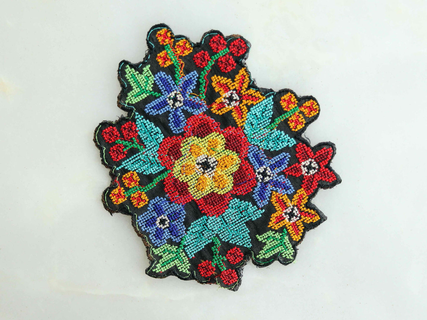 Black Multicolour Floral embroidered patch,Cross stitch Floral bouquet applique, Colourful fabric patch,Quirky Boho DIY Floral Patch