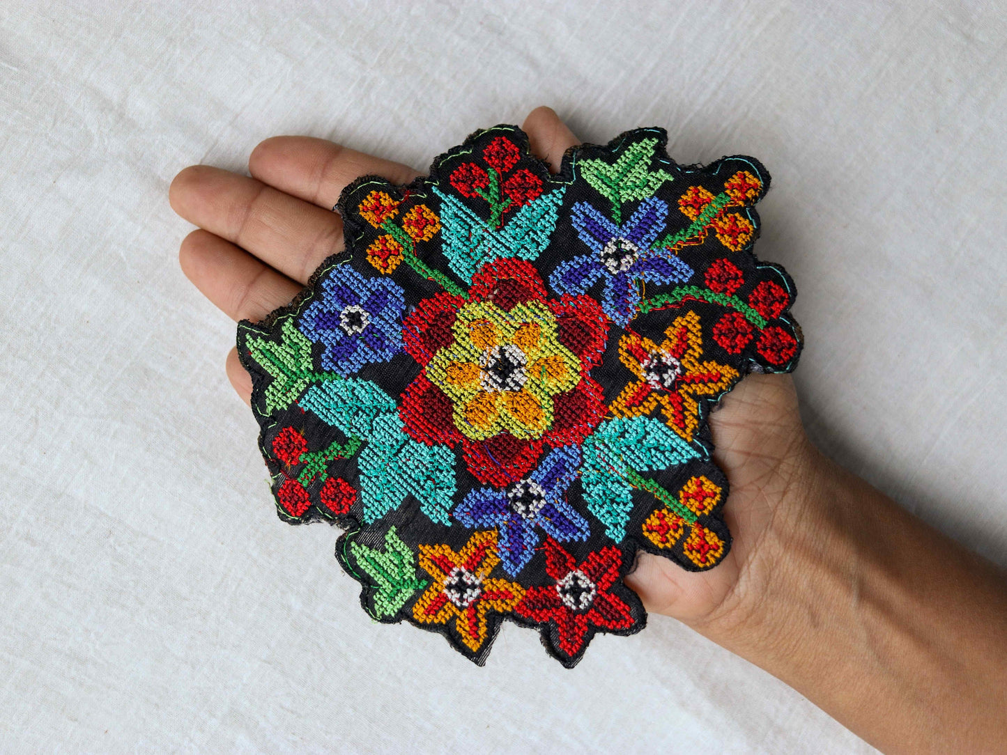 Black Multicolour Floral embroidered patch,Cross stitch Floral bouquet applique, Colourful fabric patch,Quirky Boho DIY Floral Patch