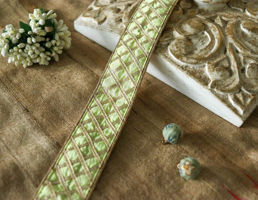Green Gold Gota Checks Trim,Handmade Gold Gota Border,Boho Gold Foil Lace,Indian Designer Trim,Gota Saree Border,Price/mtr