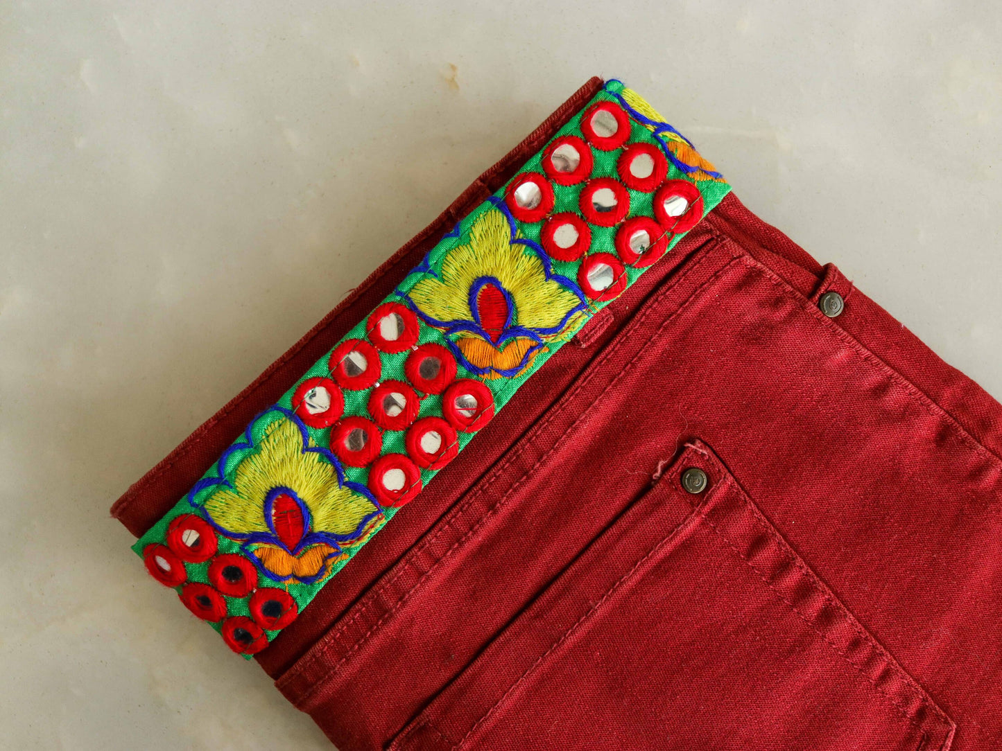 Multicolour Floral Embroidered Kutchi Trim, Indian Mirror Border, Red Green Mirror Lace, Tribal Boho Hippie Saree Border, Price/mtr