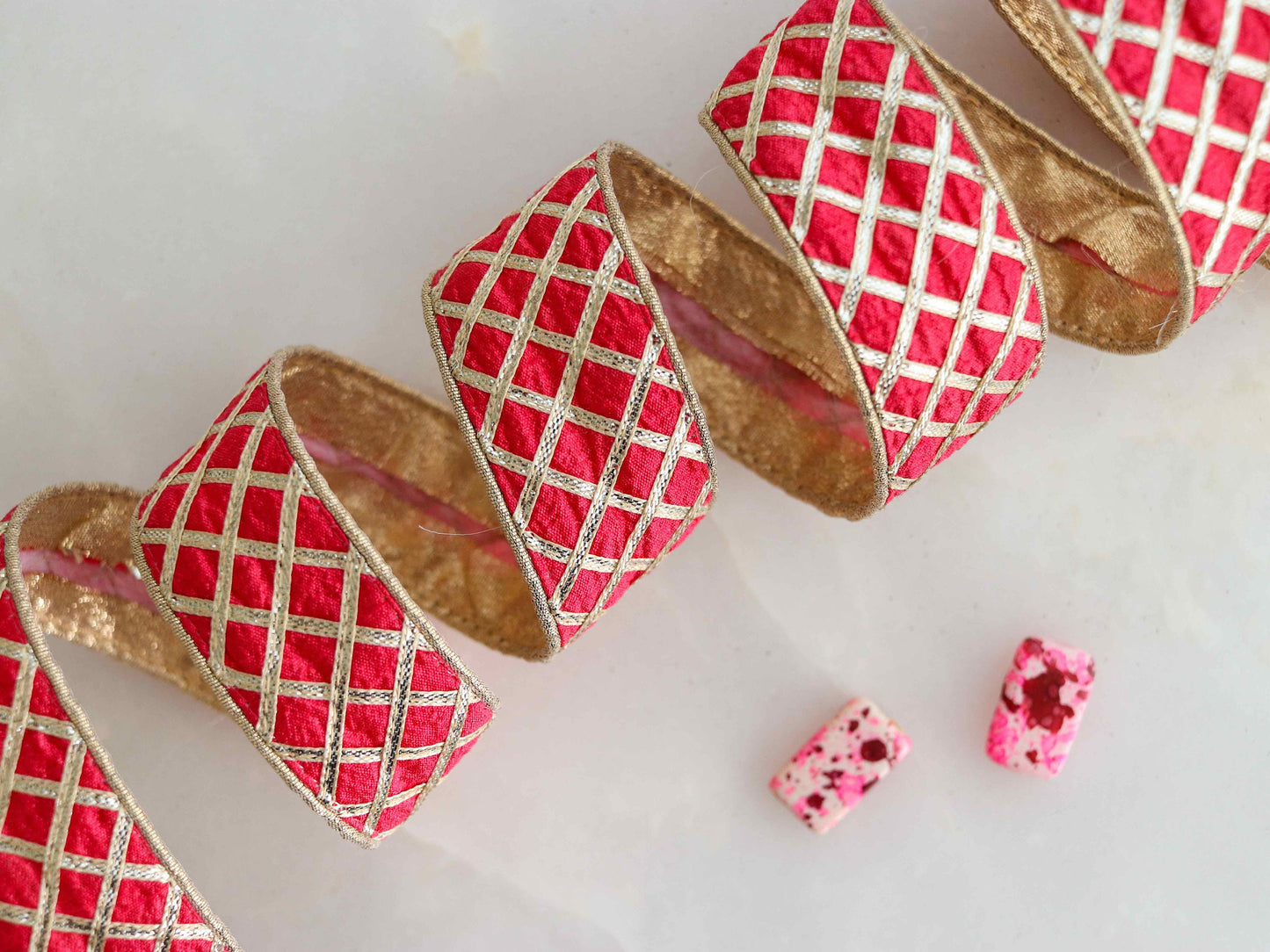 Pink Gold Gota Checks Trim, Handmade Gold Gota Border, Boho Gold Foil Lace, Indian Designer Trim, Gota Saree Border, Price/mtr