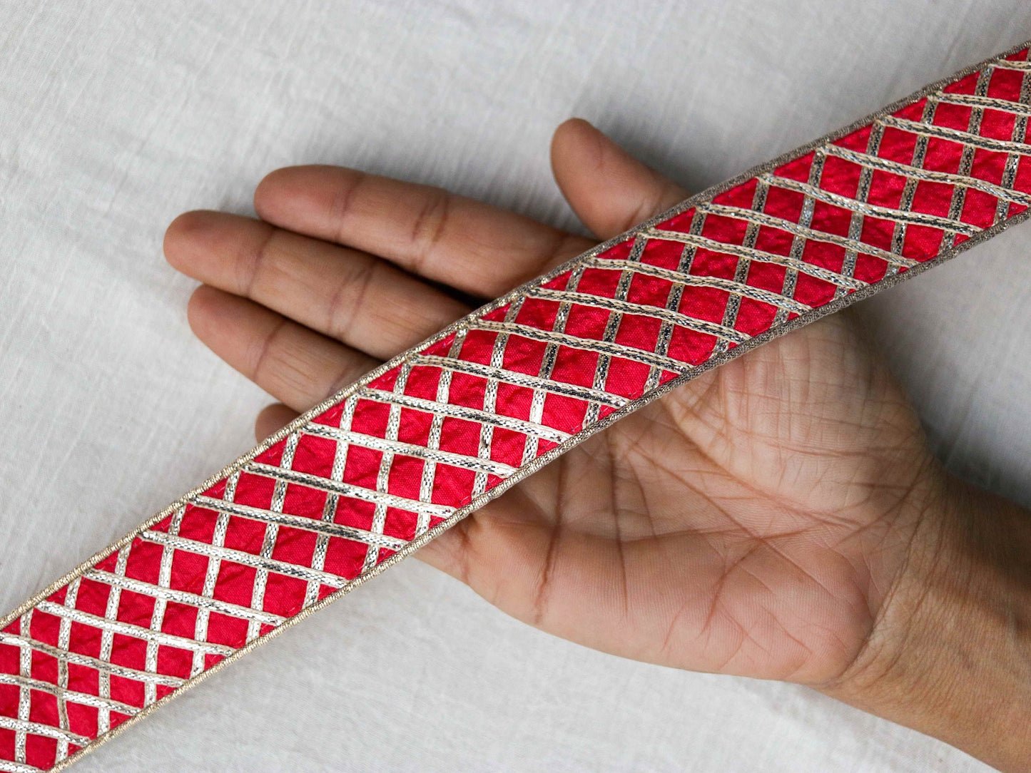 Pink Gold Gota Checks Trim, Handmade Gold Gota Border, Boho Gold Foil Lace, Indian Designer Trim, Gota Saree Border, Price/mtr