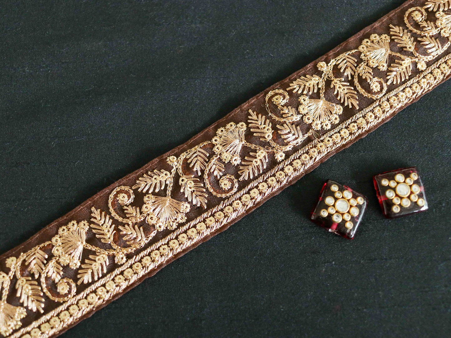 Brown Gold Floral Embroidered Trim,Brown Floral Organza Border,Floral Tissue Lace,Indian Trim,Floral Saree Border,Price/mtr