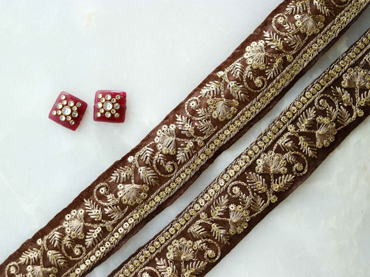 Brown Gold Floral Embroidered Trim,Brown Floral Organza Border,Floral Tissue Lace,Indian Trim,Floral Saree Border,Price/mtr