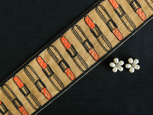 Quirky Lipstick Embroidered Trim,Boho Make-up Embroidered Lace,Beige Orange Playful Indian Saree Border,Price/mtr