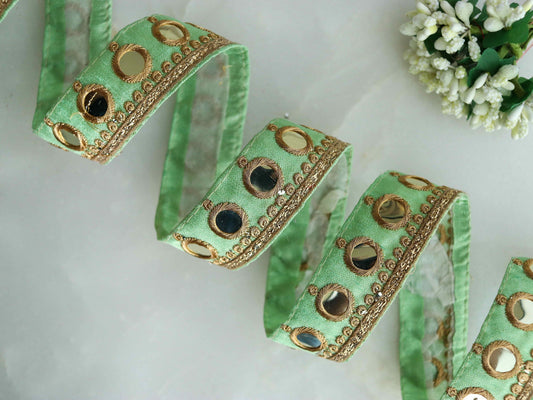 Green Gold Mirror Sequin Trim,Indian Embroidered Border,Mint Green Mirror Lace,Green Saree Border,Price/mtr