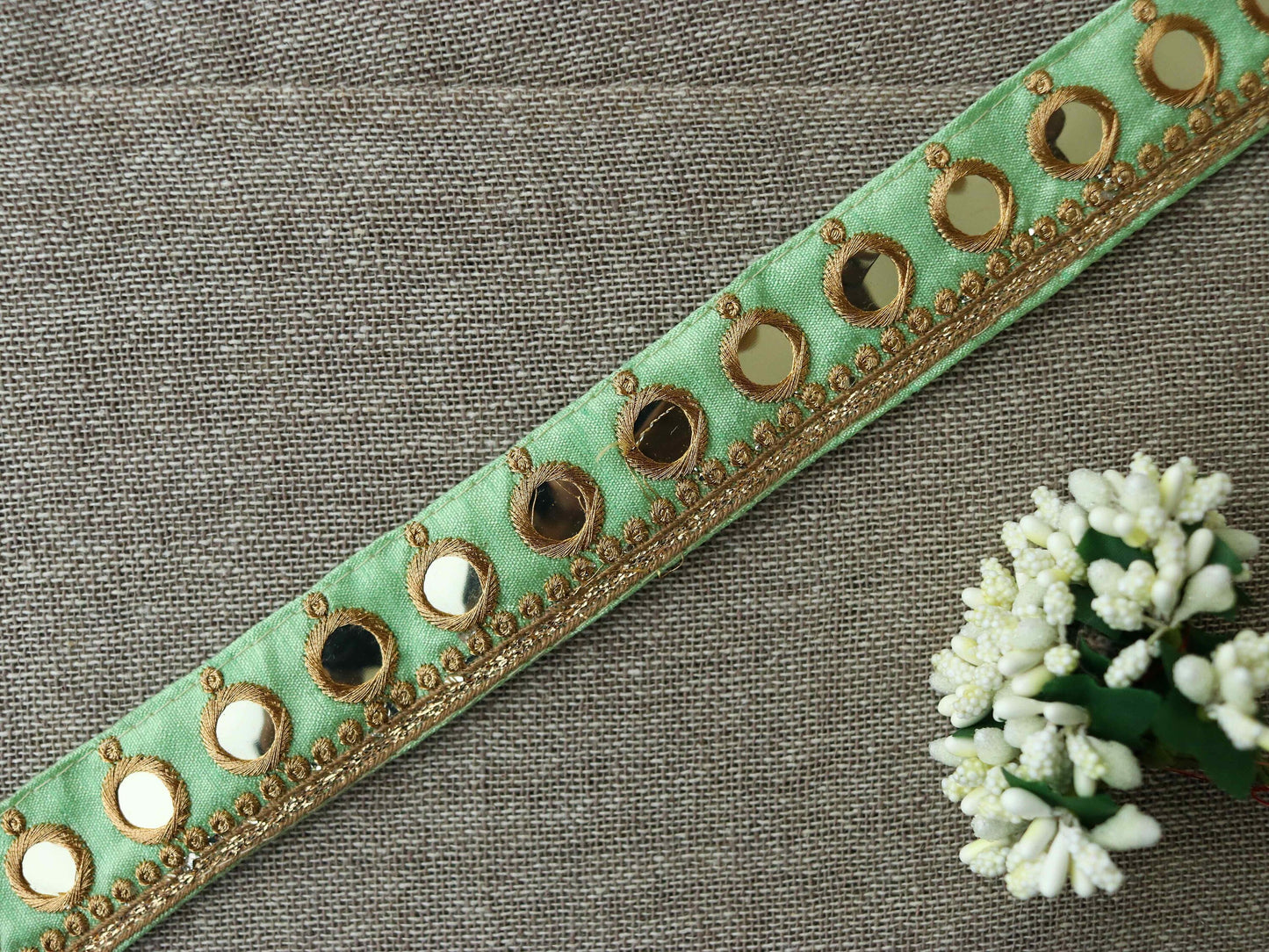 Green Gold Mirror Sequin Trim,Indian Embroidered Border,Mint Green Mirror Lace,Green Saree Border,Price/mtr
