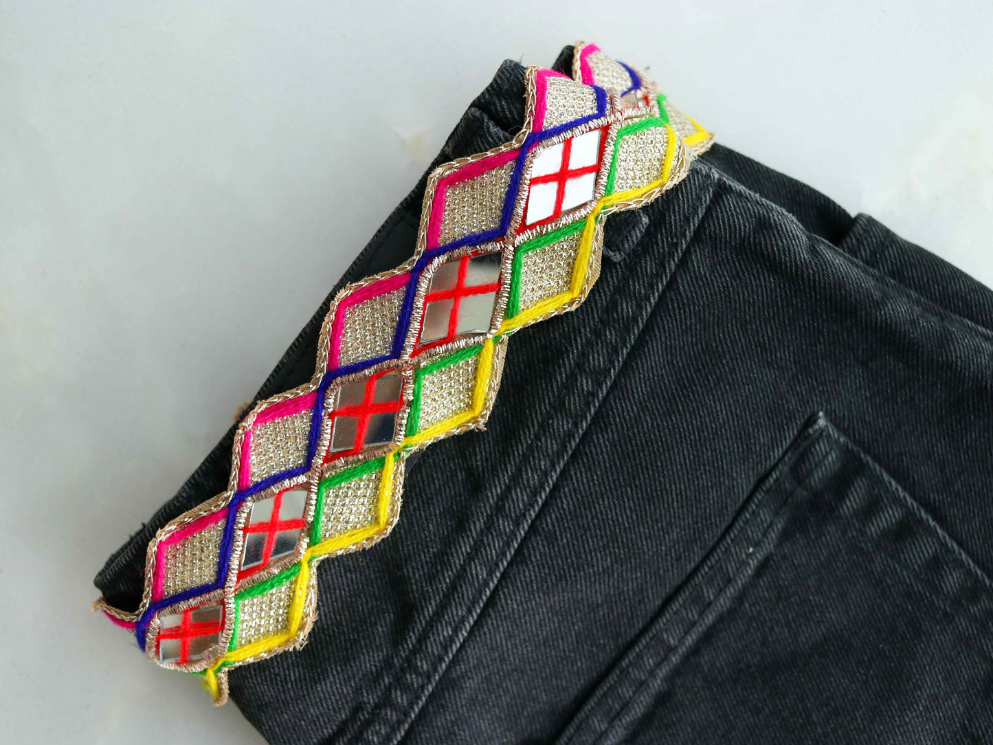 Colourful Mirror Embroidered Kutchi Trim,Indian Embroidered Border,Multicolour Mirror Lace,Tribal Boho Hippie Saree Border,Price/mtr