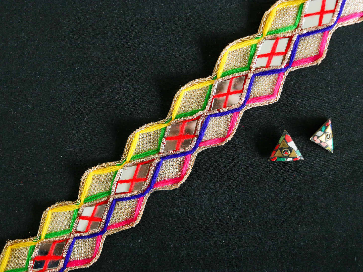 Colourful Mirror Embroidered Kutchi Trim,Indian Embroidered Border,Multicolour Mirror Lace,Tribal Boho Hippie Saree Border,Price/mtr