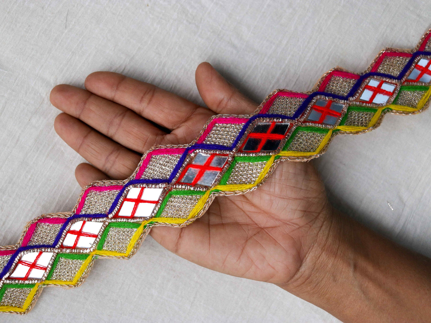 Colourful Mirror Embroidered Kutchi Trim,Indian Embroidered Border,Multicolour Mirror Lace,Tribal Boho Hippie Saree Border,Price/mtr