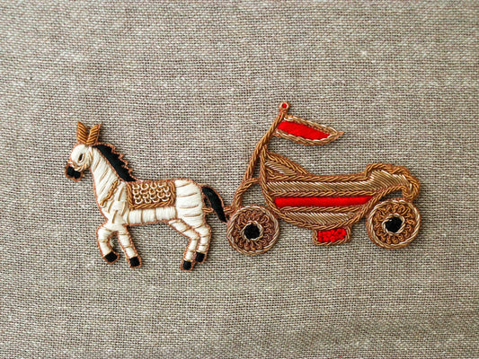 Vintage Horse Chariot Embroidered patch,Handmade White Gold Horse Vehicle applique,Boho Vehicle patch,Gold Zari Sew on DIY Patch