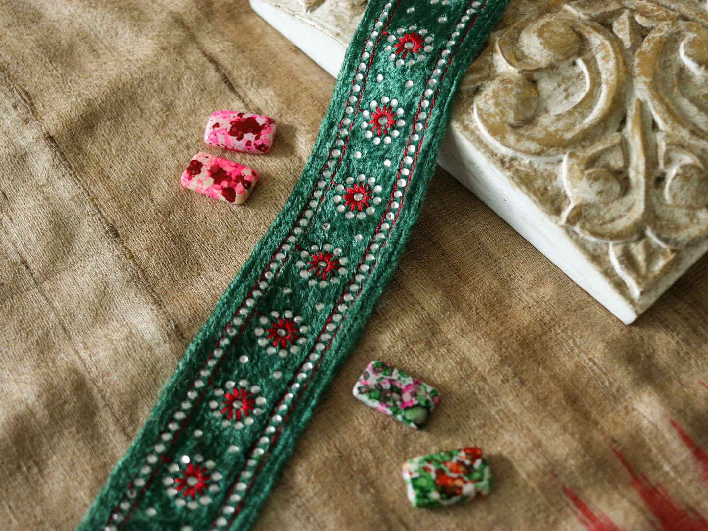 Green Floral Velvet Embroidered Trim,Green Red Diamante Border,Indian Fabric Green Velvet Floral Lace,Green Saree Border,Price/mtr