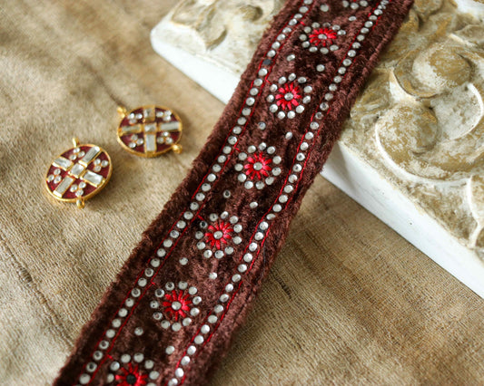 Brown Floral Velvet Embroidered Trim,Brown Red Diamante Border,Indian Fabric Brown Velvet Floral Lace,Brown Saree Border,Price/mtr