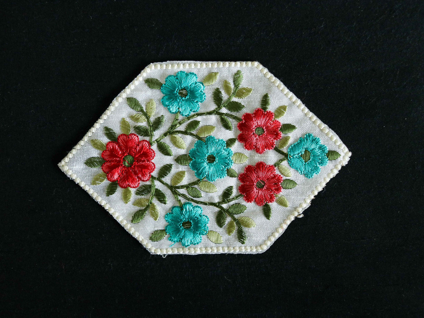 White Red Floral embroidered patch,White Teal Floral bouquet applique, Colourful fabric patch,Quirky Boho DIY Floral Patch