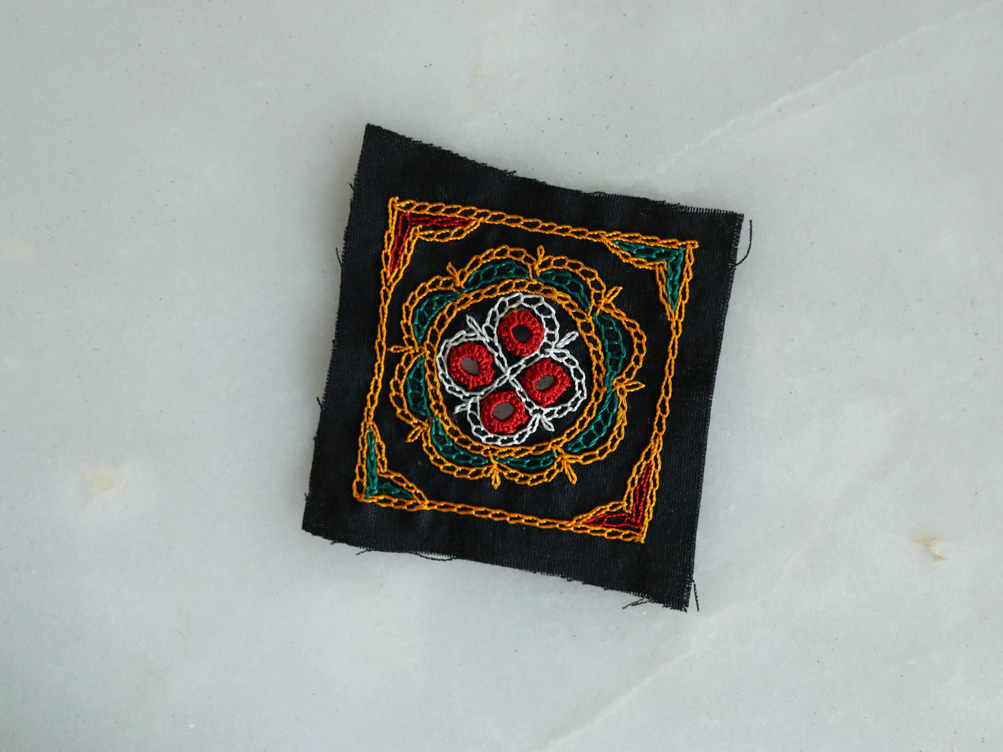 Black Multicolour Kutchi Embroidered Patch,Handmade Mirror Applique,Earthy Boho Tribal Banjara Black Mirror Embroidery Patch,DIY Patch