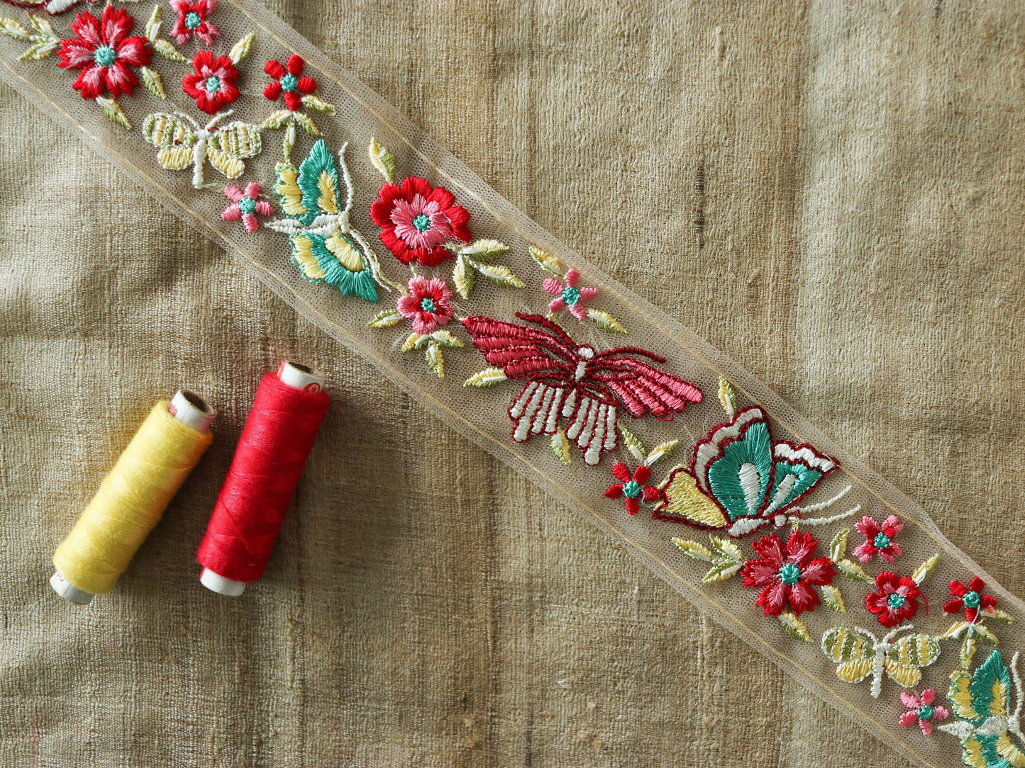 Pink Yellow Butterfly Floral Trim,Embroidered Floral Net Border,Pink Teal Floral Lace,Indian Fabric Trim,Butterfly Saree Border,Price/mtr