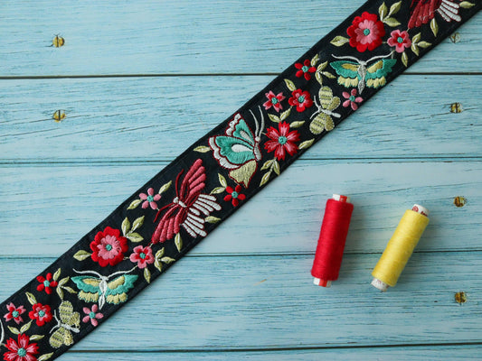 Black Pink Butterfly Floral Trim,Embroidered Floral Net Border,Black Pink Floral Lace,Indian Fabric Trim,Butterfly Saree Border,Price/mtr