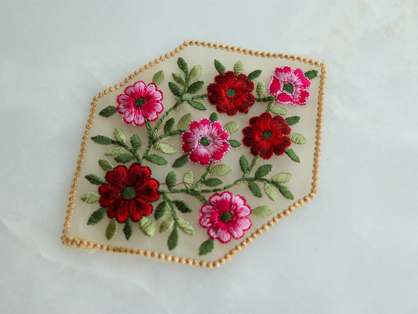 Beige Red Floral embroidered patch,Net Floral bouquet applique, Red Pink fabric patch,Quirky Boho DIY Floral Patch