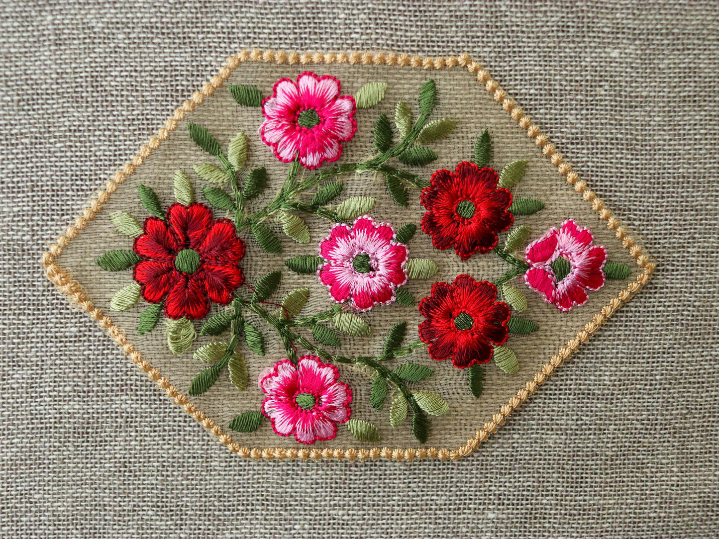 Beige Red Floral embroidered patch,Net Floral bouquet applique, Red Pink fabric patch,Quirky Boho DIY Floral Patch