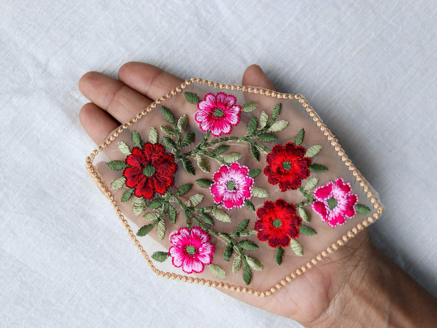 Beige Red Floral embroidered patch,Net Floral bouquet applique, Red Pink fabric patch,Quirky Boho DIY Floral Patch
