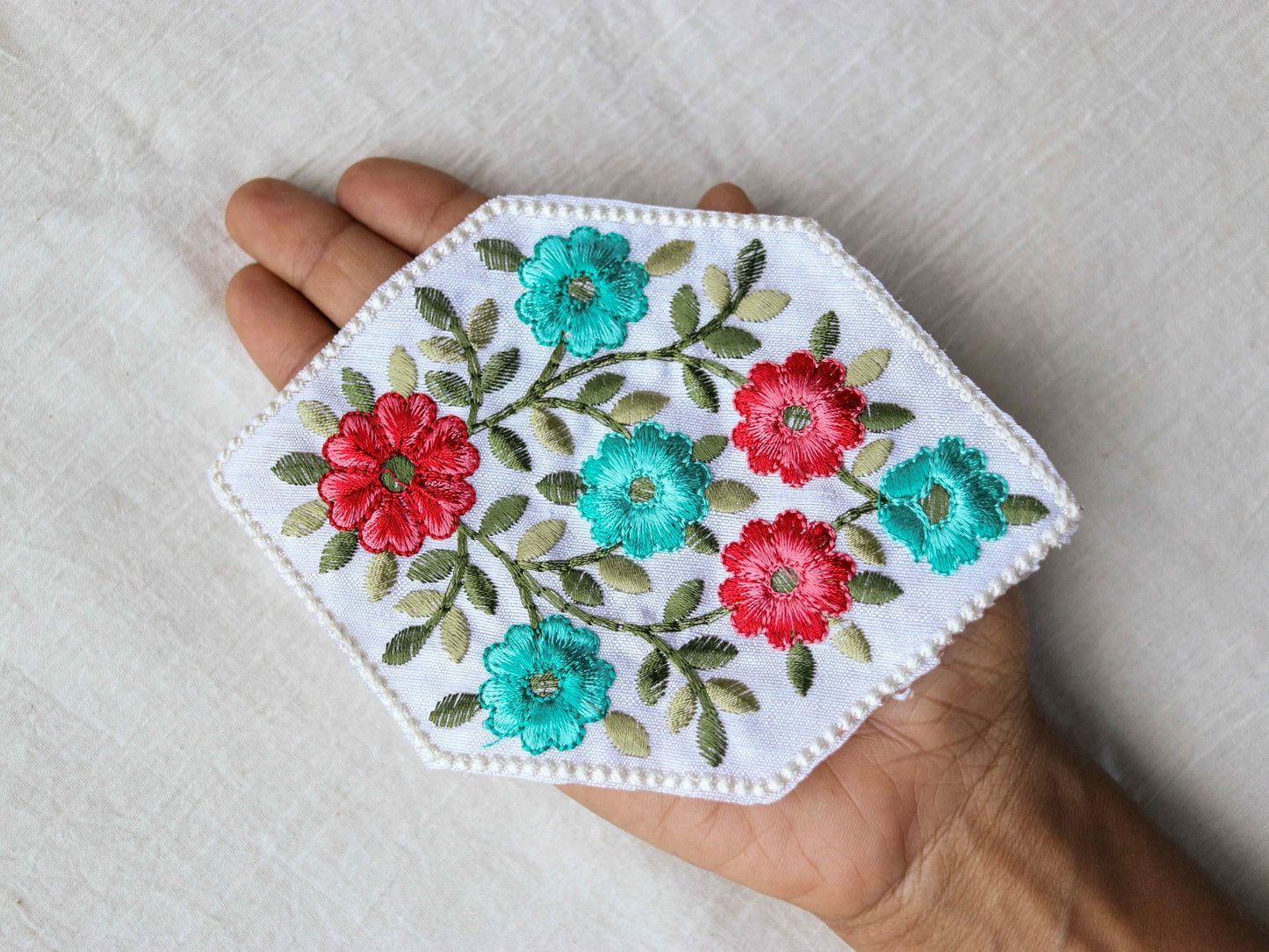 White Red Floral embroidered patch,White Teal Floral bouquet applique, Colourful fabric patch,Quirky Boho DIY Floral Patch
