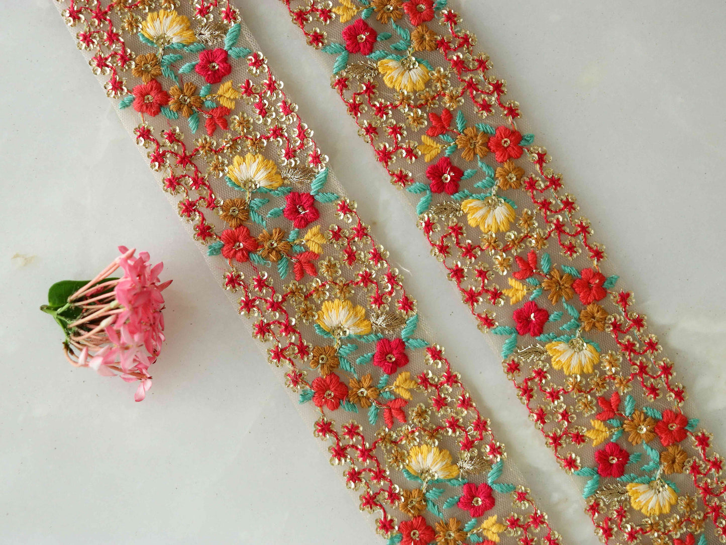 Yellow Red Floral Embroidered Trim,Sequin Floral Border,Yellow Red Floral Net Lace,Indian Fabric Trim,Floral Saree Border,Price/mtr