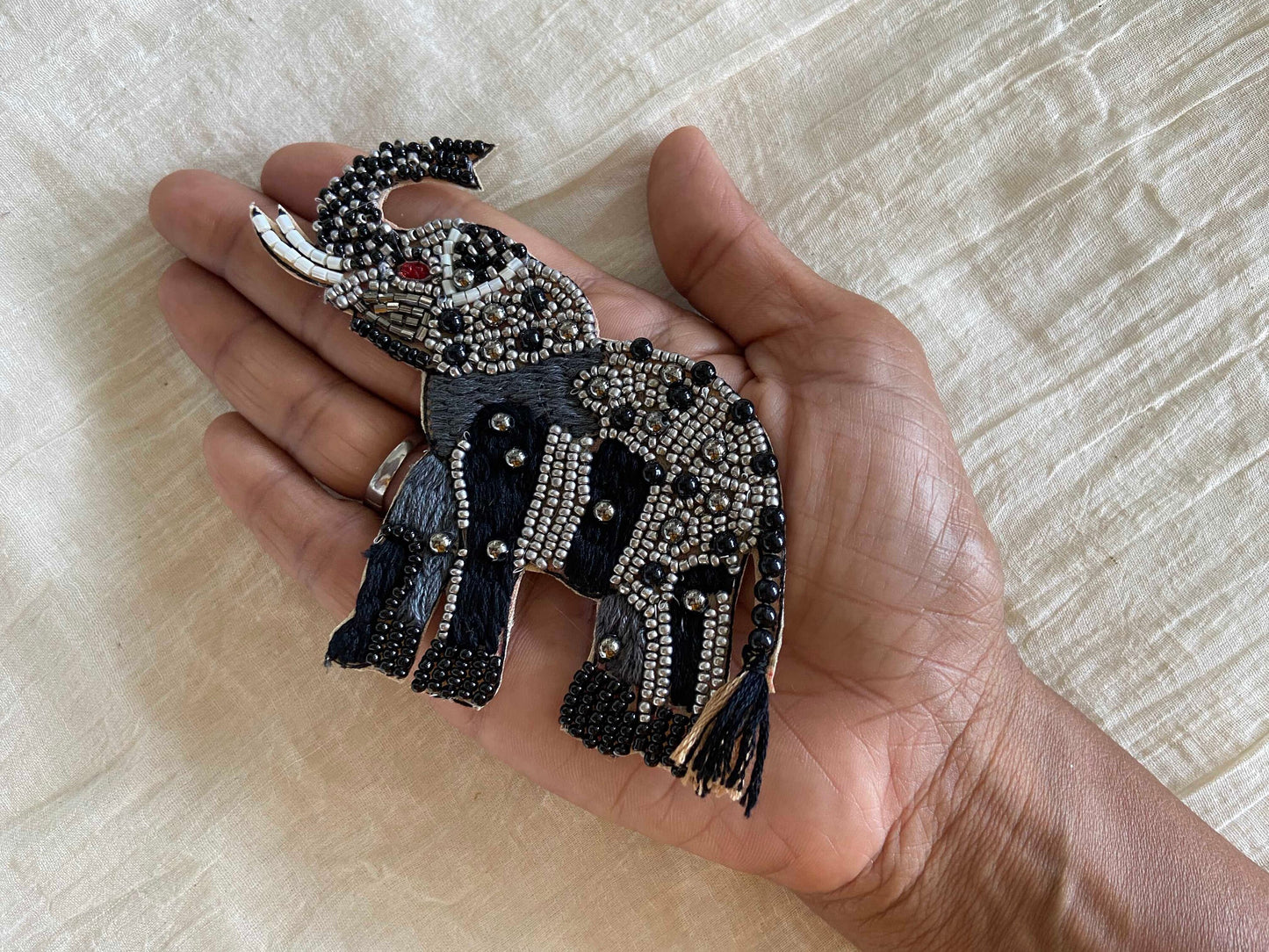 Silver Black Elephant Beaded Patch,Handmade embroidered applique,Grey Elephant applique,Quirky Animal patch,Sew on applique,DIY Patch