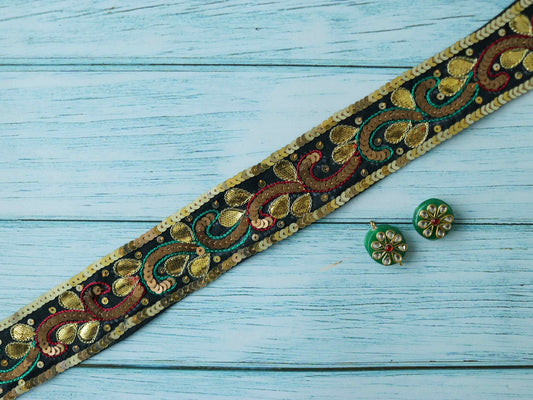 Vintage Black Gold Embroidered Trim,Handmade Old Gold Sequin Floral Border,Antique Black Bridal Saree Border,Indian Fabric Trim,Price/mtr
