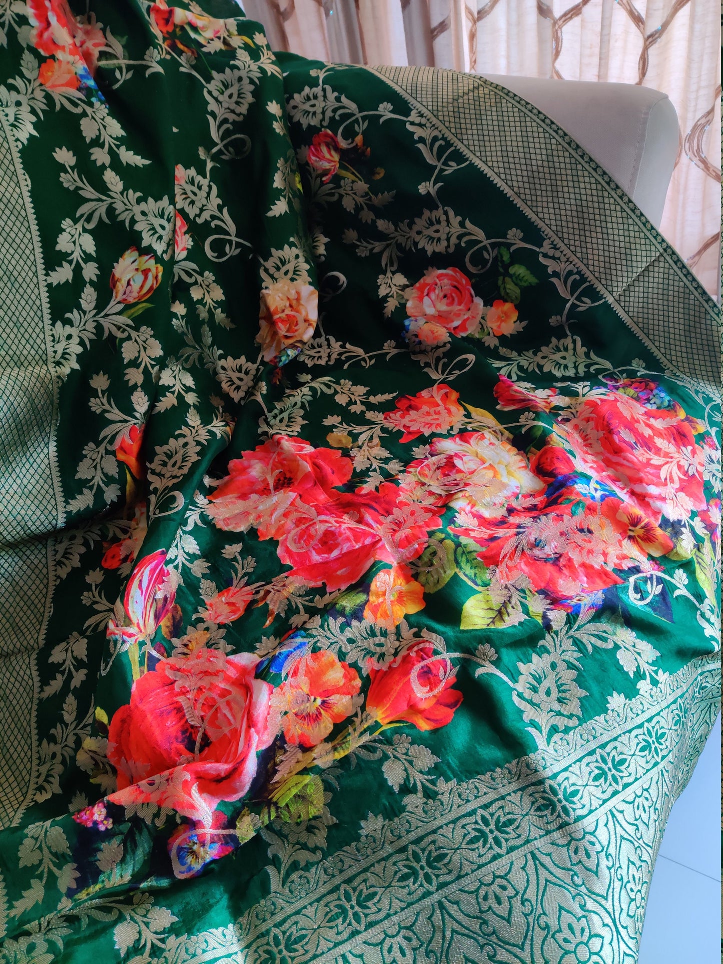 Mohini - Green Pink Banarasi Dupatta,Floral Digital Print Colourful Green Gold Silk Stole,Indian Silk Fabric,Green Gold Shawl,Gift for her